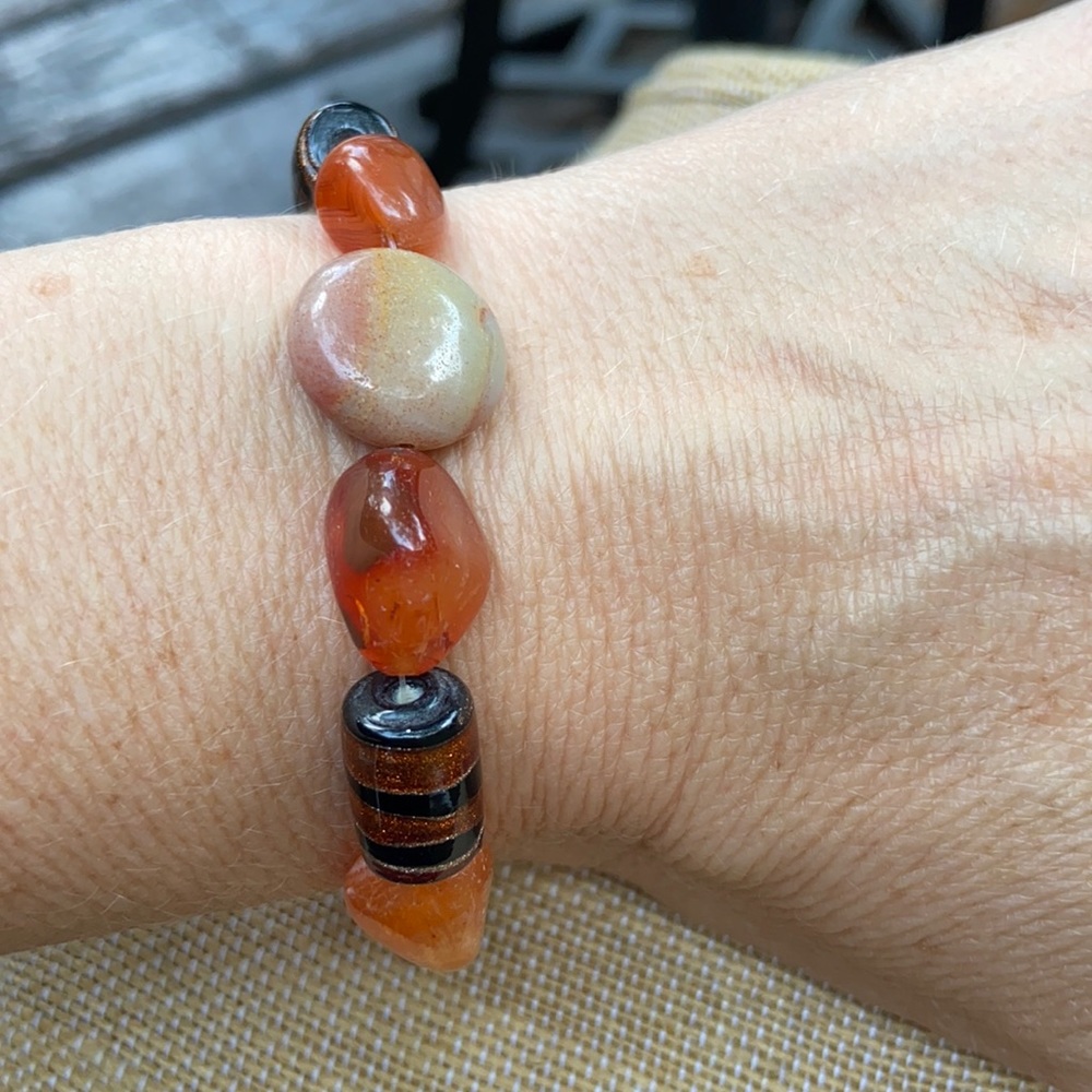Handmade Carnelian orange & glass bead bracelet